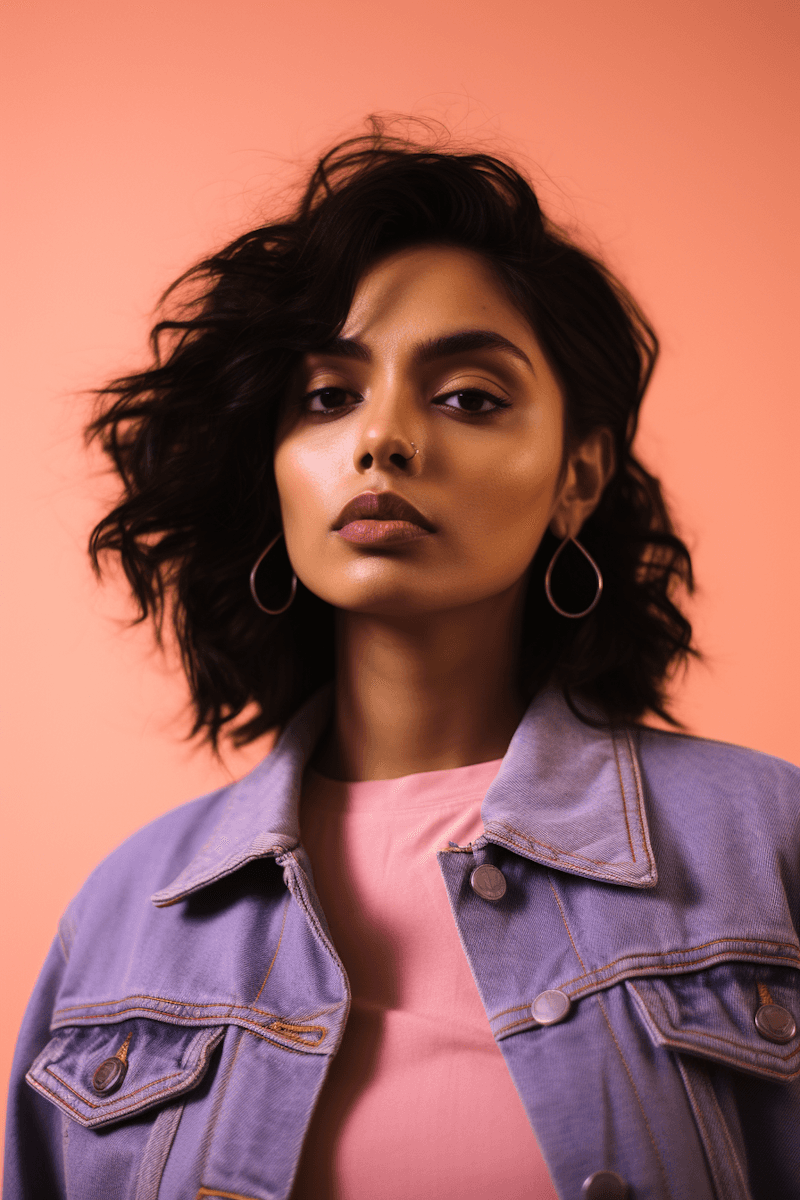 A striking woman with dark hair and hoop earrings, wearing a denim jacket and pink top, stares directly at the camera.